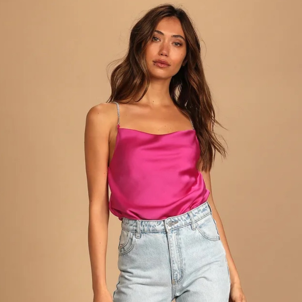 NWT Lulu’s Glamorous Forever Pink Rhinestone Strap Cowl Neck Bodysuit